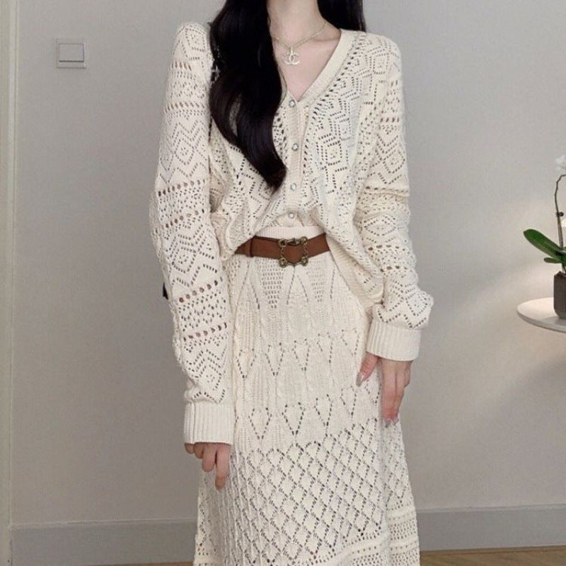 Hollowed-out Elegant Socialite Skirt Lace-up Two-piece Set