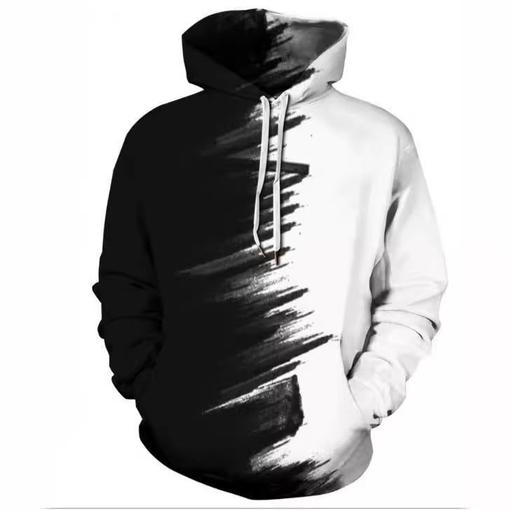3D Black And White Contrast Color Digital Printing Couple Hooded Sweater