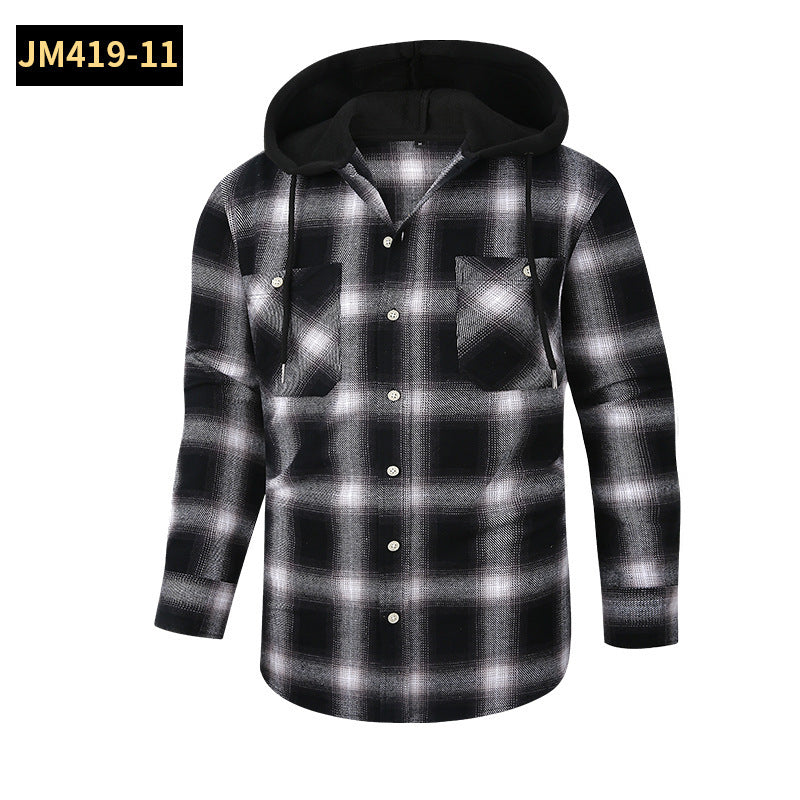 Loose Casual Flannel Long Sleeve Hooded Plaid Shirt