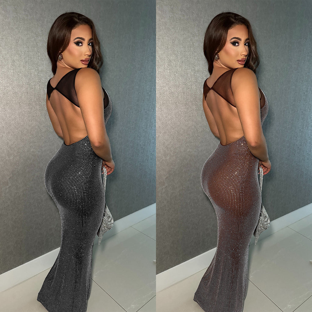 Wear Sexy Mesh Hot Drilling Arm Covering Backless Dress