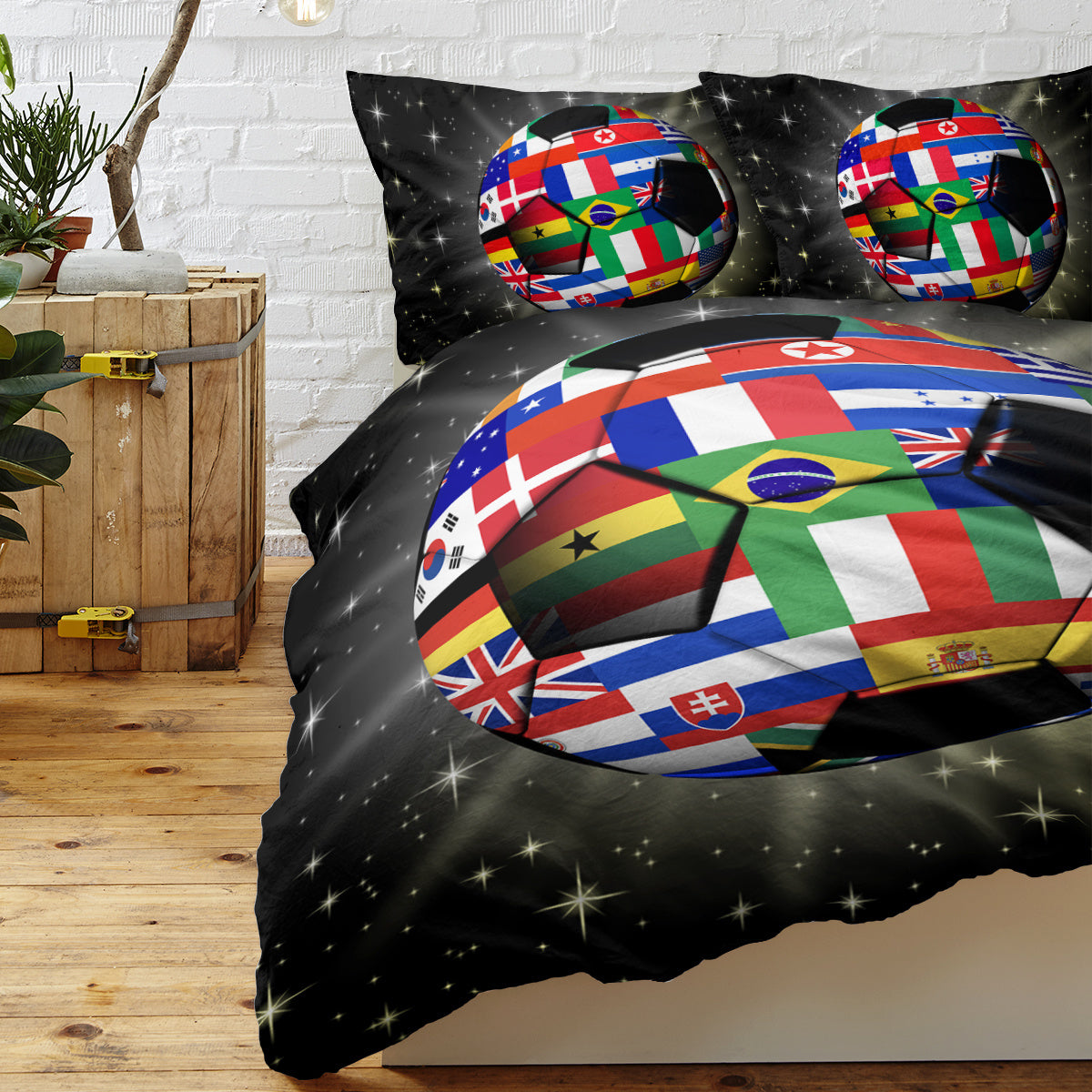 3D Soccer Ball Bedding Set Football World Flags Print Duvet Cover Sets For Teen Boys Sports Bedding Sets Universe Stars Black Bed Quilt Cover