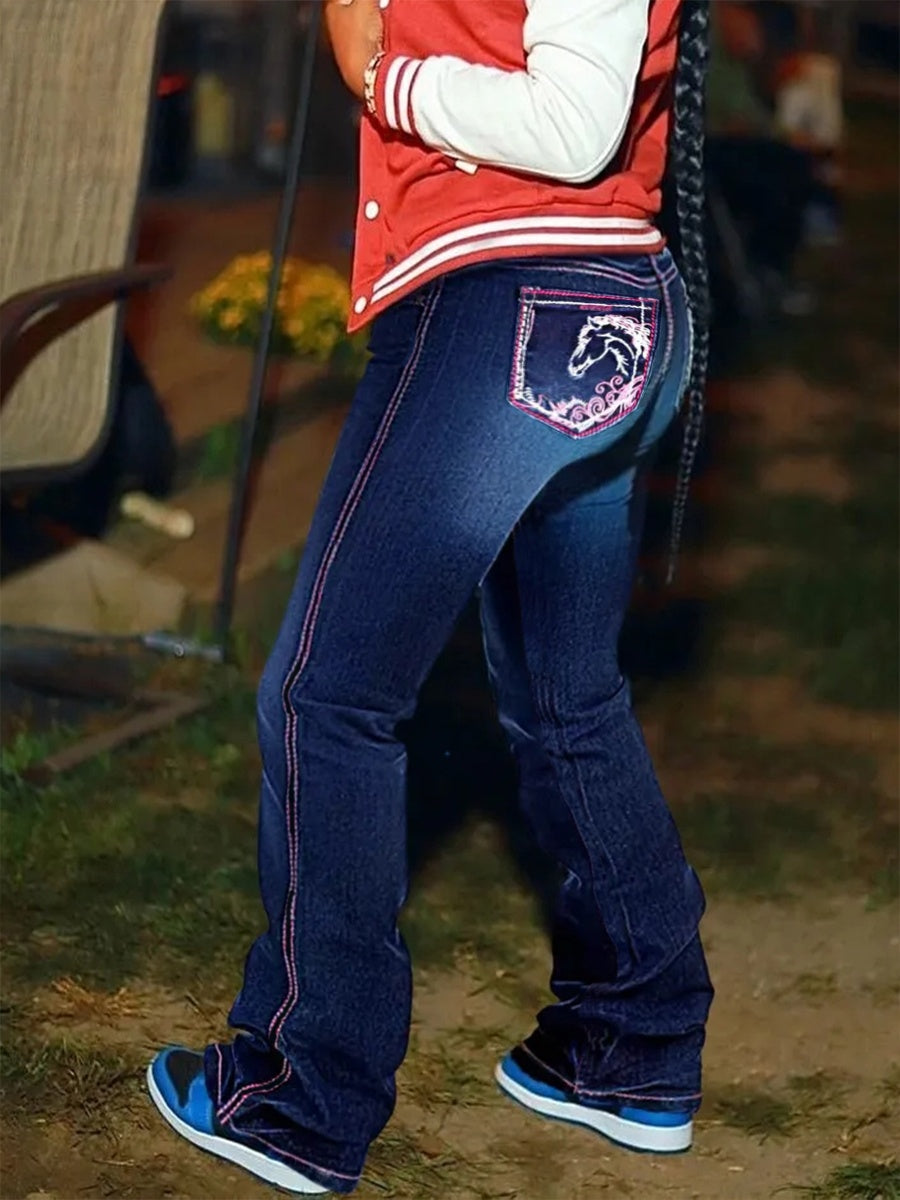 Women's Western Bootcut Jeans With Horse Embroidery, Mid-Rise Stretch Denim With Pink Contrast Stitching, Cowgirl Rodeo Style