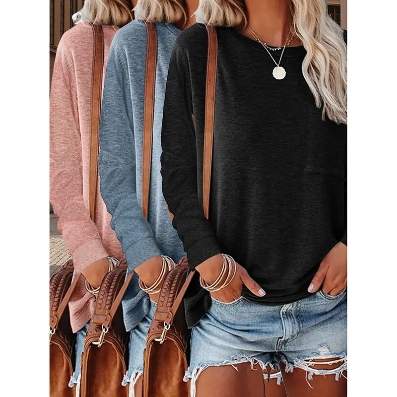 3 Pack Women's Long Sleeve Shirts Casual Crew Neck Basic Tops Solid Layer T Shirts For Ladies