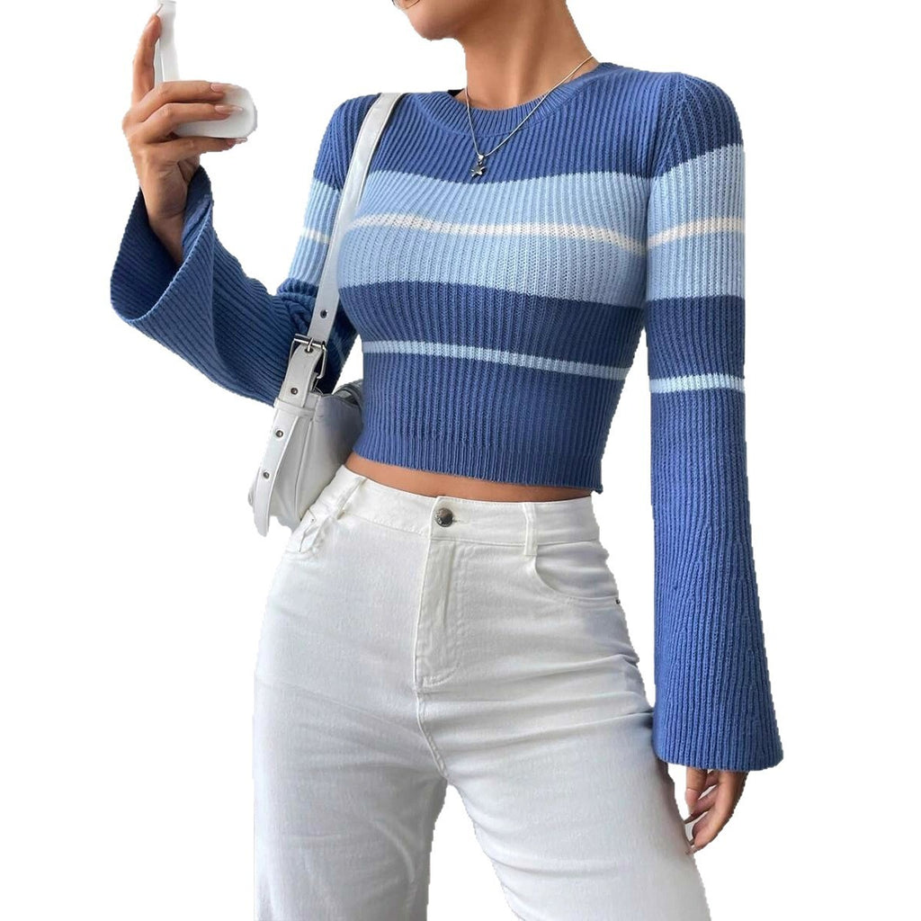 Round Neck Long Sleeve Flared Sleeves Striped Contrast Color Knitted Pullover