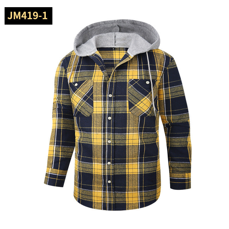 Loose Casual Flannel Long Sleeve Hooded Plaid Shirt