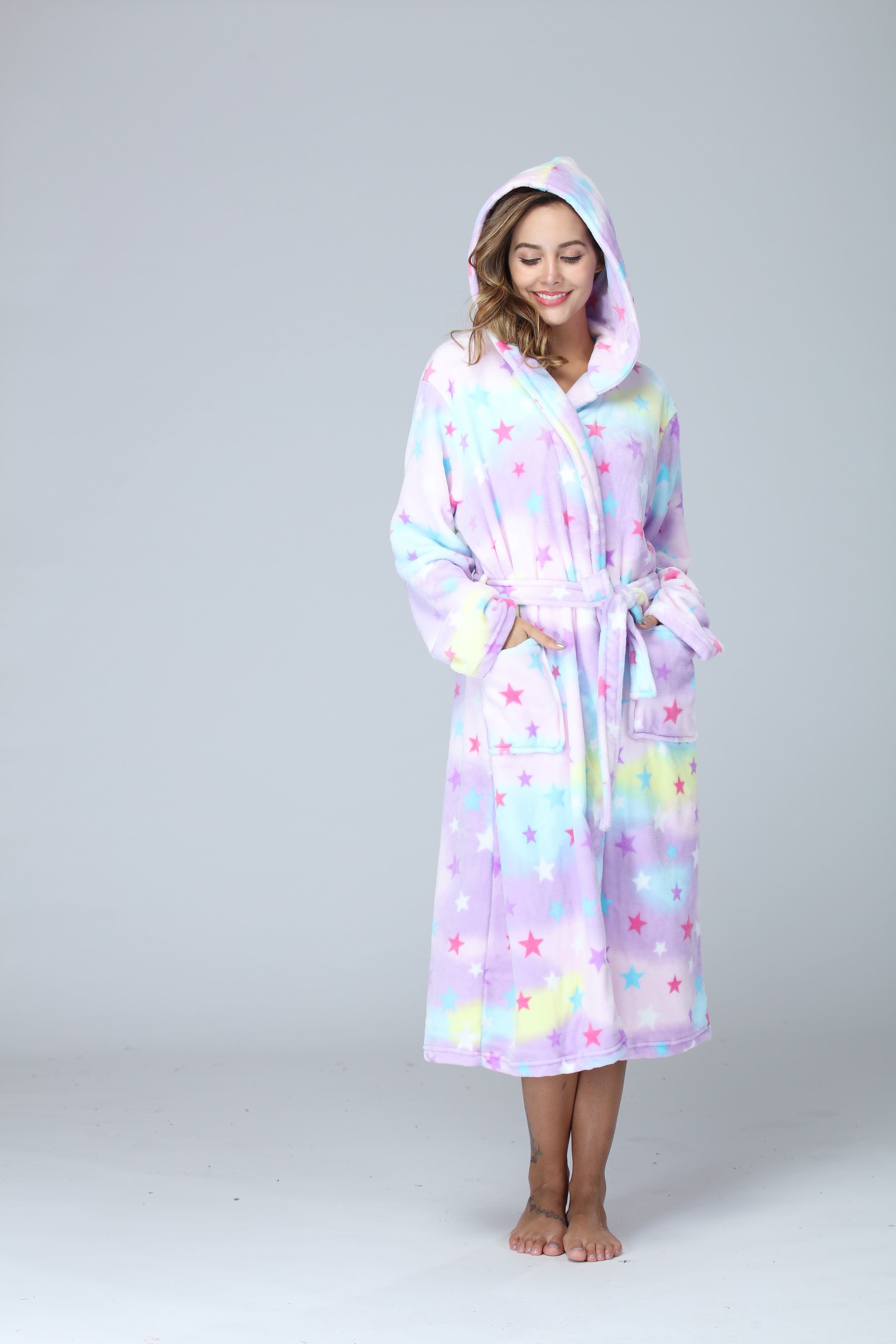RONGTAI Womens Long Robes Plush Fleece Nightgown Thick Hooded Bathrobe With Pockets Fluffy Sleepwear For Men