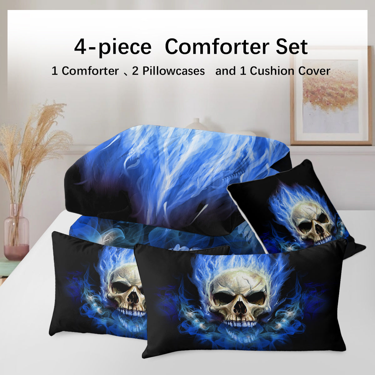 4 Piece Blue Fire Skull Comforter Set, 3D Skeleton Printed Bedding With 1 Comforter, 2 Shams, 1 Cushion Cover, Black Queen Size